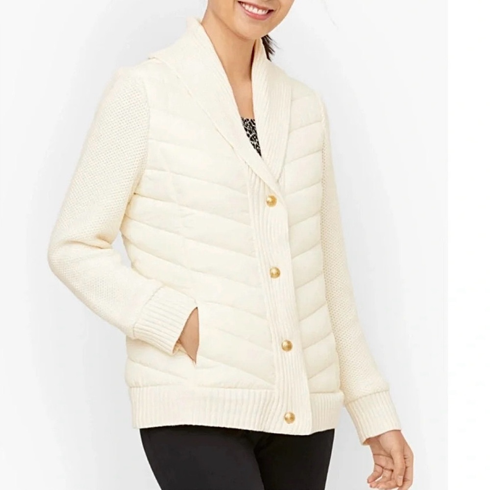 Talbots Sweater Sleeve Puffer Jacket‎ Ivory White Women’s Size Large Petite